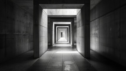 Obraz premium A black and white photograph of a long, narrow hallway with concrete walls and a tiled floor. The hallway is lit by a single light source at the end, creating a sense of depth and perspective.