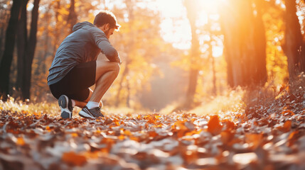 A man in athletic wear crouching down to rest during a morning run in a sunlit autumn forest, surrounded by fallen leaves