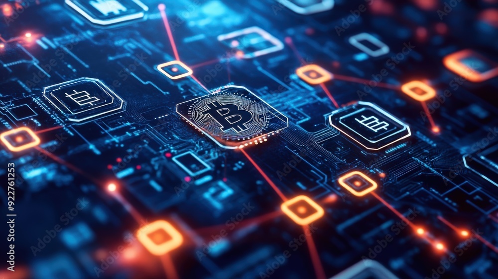 Poster concept of decentralized finance with blockchain technology and digital wallets.