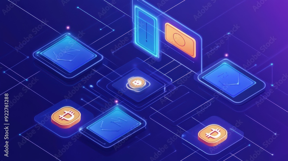 Poster concept of decentralized finance with digital wallets and blockchain networks.
