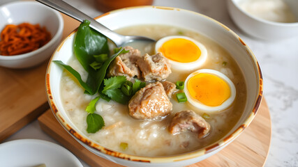 Congee or rice porridge with pork and eggs, thai food, asian food, chinese food. Generative AI