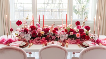 A beautiful table arrangement filled with colorful flowers and candles creates a festive atmosphere for the gathering
