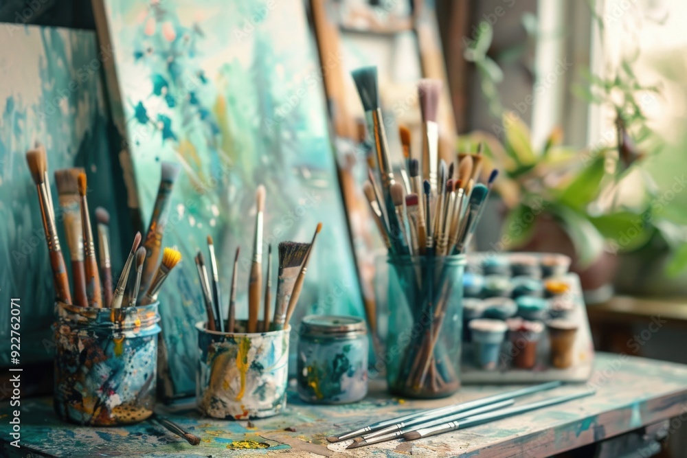 Poster a collection of paint brushes arranged neatly on a table, ideal for art supply illustrations or diy 