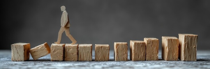 Domino Effect Concept with Paper Cutout Man Pushing Falling Wooden Blocks on Table, Copy Space for Text, Banner Design, Minimalistic Stock Photo Contest Winner with Green Color and Grey Background
