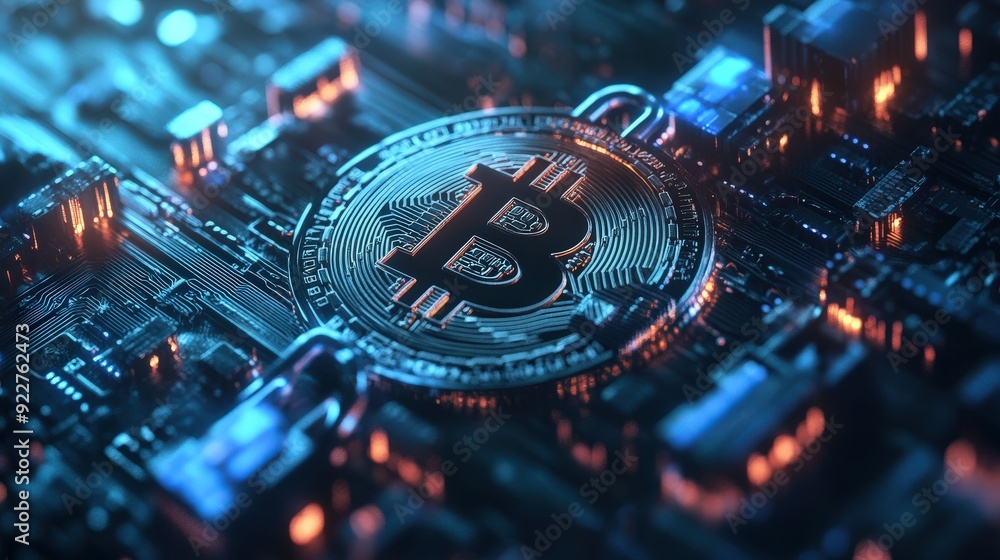 Poster concept of secure cryptocurrency transactions with digital padlocks and keys.