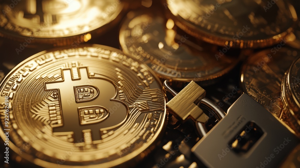 Poster concept of secure cryptocurrency transactions with digital padlocks and keys.