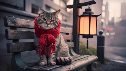 A stylish street cat with a scarf poses on a bench, bathed in the warm glow of lantern light, showcasing a mesmerizing blend of hyperrealism and cozy ambiance
