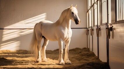 A solitary white horse shines brightly in a peaceful stable, its beauty mirrored by the white walls that enclose it
