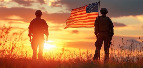 Dawn of Valor: A Soldier and American Flag at Sunrise, Honoring the Bravery and Sacrifice of Veterans on Veterans Day.