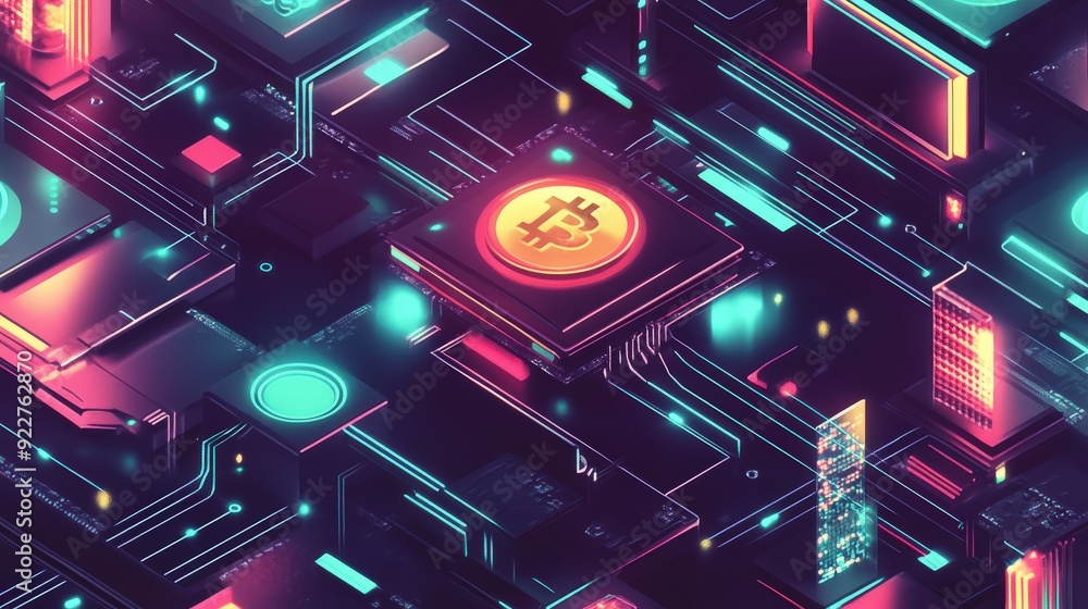 Poster cryptocurrency mining process illustrated with animated data flow.