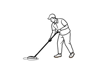 Line Art and flat Vector Illustration of a Janitor Mopping the Floor: Cleanliness in Action