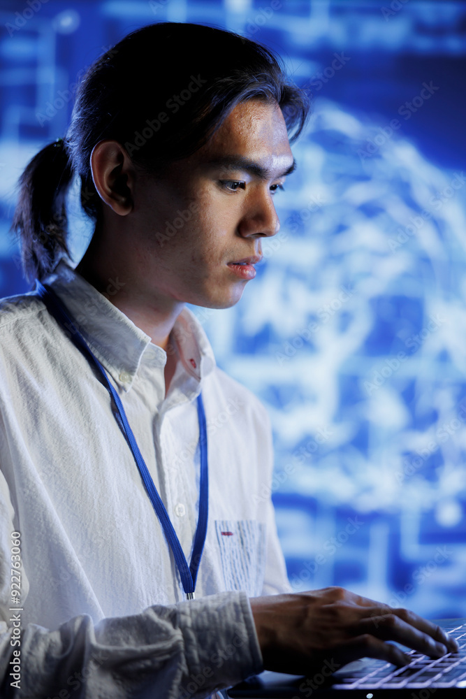 Poster certified engineer using laptop to maintenance artificial intelligence neural networks simulating hu