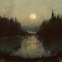 A peaceful scene of a full moon shining over a still forest lake