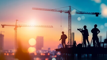 Fototapeta premium Silhouettes of Construction Workers at Sunset