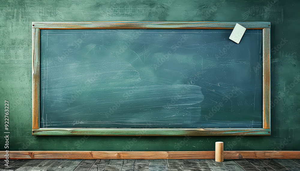 Poster a chalkboard with a chalk stick and a cube on it. perfect for illustrating educational concepts, cla