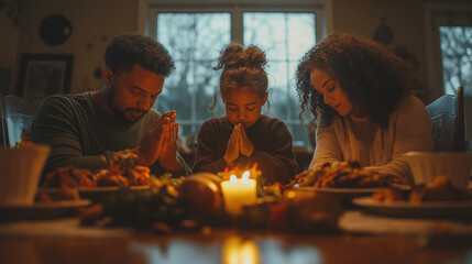 family saying grace before their Thanksgiving meal, thanksgiving, food, autumn, fall, family gathering