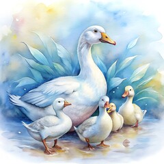Watercolor illustration of a flock of white geese and goslings. Illustration for children's books, pictures, postcards.