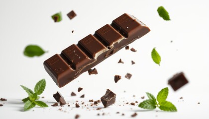 Close-up of a chocolate bar with a fresh mint leaf on top