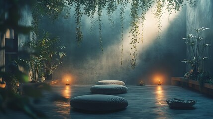 Tranquil minimalist meditation space featuring natural materials and gentle lighting image