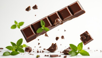 Close-up of a chocolate bar with a fresh mint leaf on top