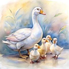 Watercolor illustration of a flock of white geese and goslings. Illustration for children's books, pictures, postcards.