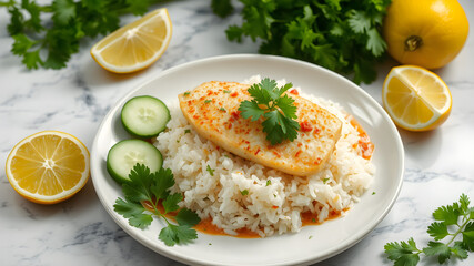Fried fish rice with chili fish sauce With cucumber, coriander,lemon , top view on the marble background , Thai style. Generative AI