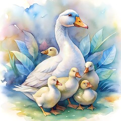 Watercolor illustration of a flock of white geese and goslings. Illustration for children's books, pictures, postcards.