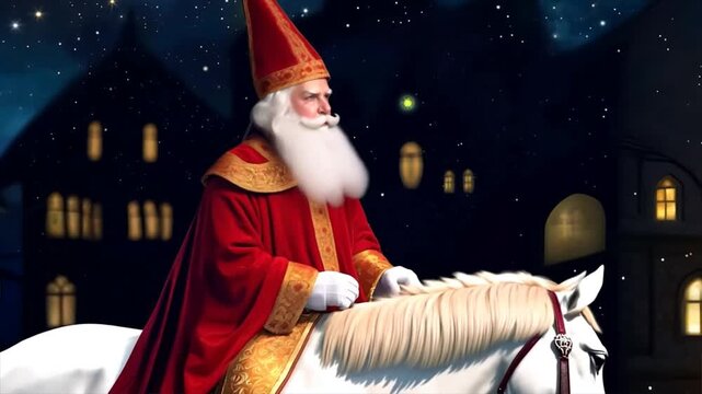 Sinterklaas or Saint Nicholas on his white horse amerigo on the Dutch rooftops