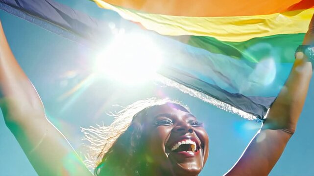 Black queer person holding rainbow flag LGBT pride or gay pride. Lesbian, gay, bisexual, and transgender (LGBT) people proud of their sexual orientation and gender identity. Coming out day