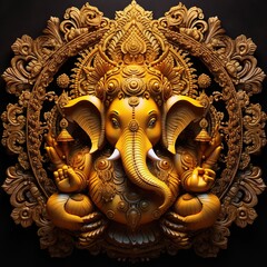 Gold-Colored Ganesha Statue with Decorative Background
