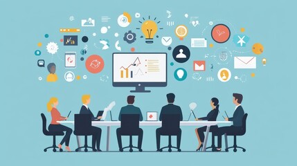 Group of entrepreneur icons, showing business meetings and startup activities.