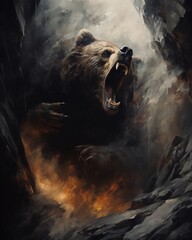 Hyper-Realistic Painting of a Bear Roaring in a Dark Cave