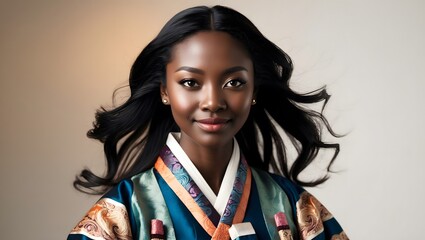Portrait of a young black woman in traditional attire with flowing hair
