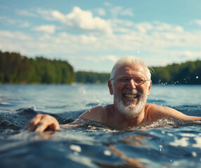 Active senior man swimming in lake outdoors in nature, laughing