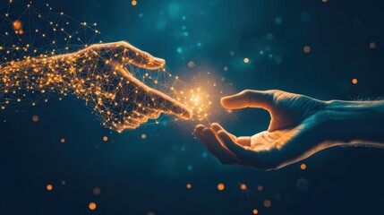 Fototapeta premium Hands exchanging a glowing Bitcoin symbolizing secure cryptocurrency transactions.