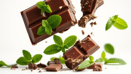 Close-up of a chocolate bar with a fresh mint leaf on top