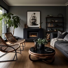 Modern Living Room with Dark Color Palette and Wooden Accents