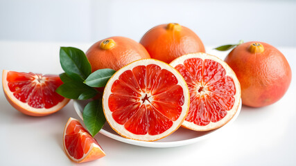 Grapefruit Ruby of Siam,Siam ruby grapefruit, tabtimsiam pomelo, red pomelo, in white plate on white table background. Generative AI