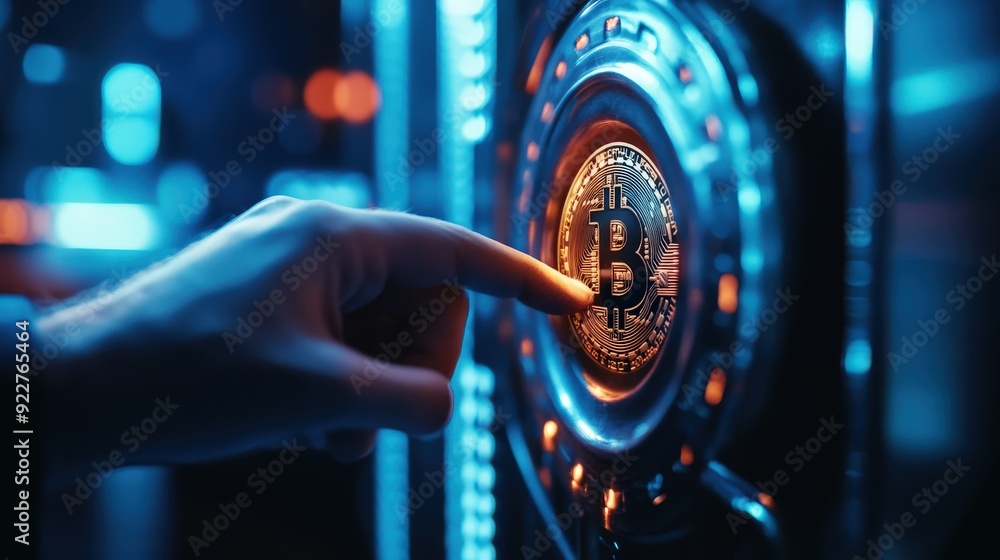 Poster hand inserting a cryptocurrency coin into a virtual safe.