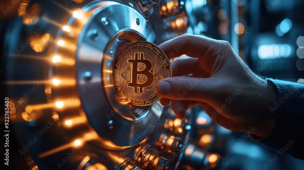 Poster hand inserting a cryptocurrency coin into a virtual safe.