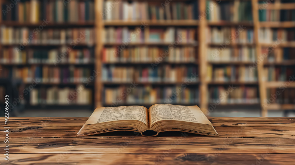 Poster an open book on a table with a library background, symbolizing the concept of 'back to school' and t