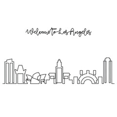 Fototapeta premium One continuous line drawing of Los Angeles skyline vector illustration. Modern city in USA in simple linear style vector design concept. Big city in USA. Iconic architectural skyline building