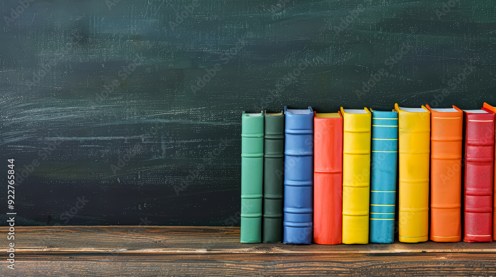 Poster a row of books on a wooden shelf with a chalkboard behind them. the books are of different colors an