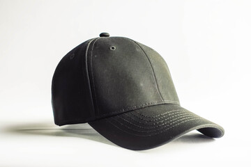 A black baseball cap on a white background. Perfect for sports-themed designs or promotional materials