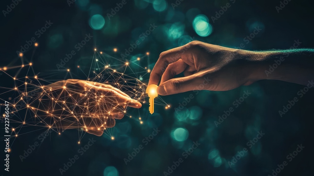 Poster hands exchanging a digital key symbolizing secure cryptocurrency transactions.
