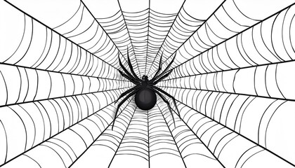 Black spider and torn web. Scary spiderweb of Halloween symbol. Isolated on white illustration