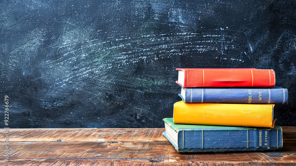Poster a row of books on a wooden shelf with a chalkboard behind them. the books are of different colors an