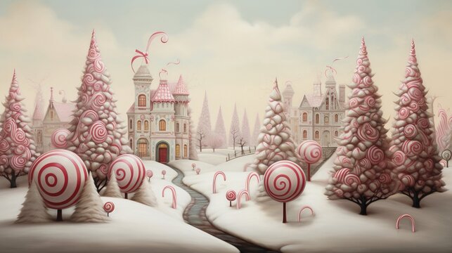 Whimsical Candyland with Peppermint Trees and Gingerbread Houses