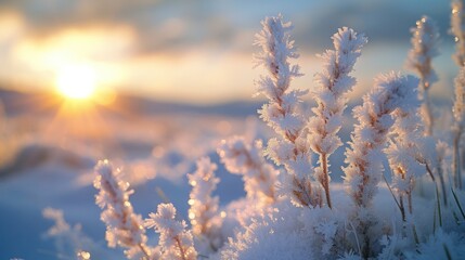 Minimalist Close-Up of Frost-Covered Grass and Wild Mint on a Cold October Morning