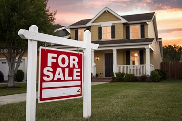 A house for sale with a large red sign in the front yard, green lawn, and trees in the background.